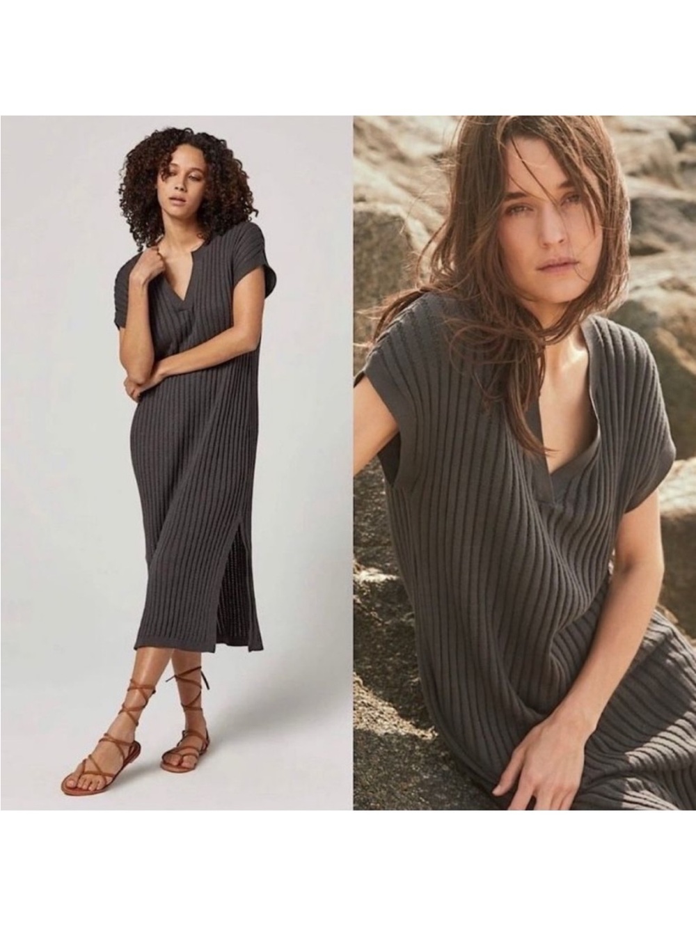 Alpha and Rock Grey Ribbed Knit V-Neck Midi Dress size small